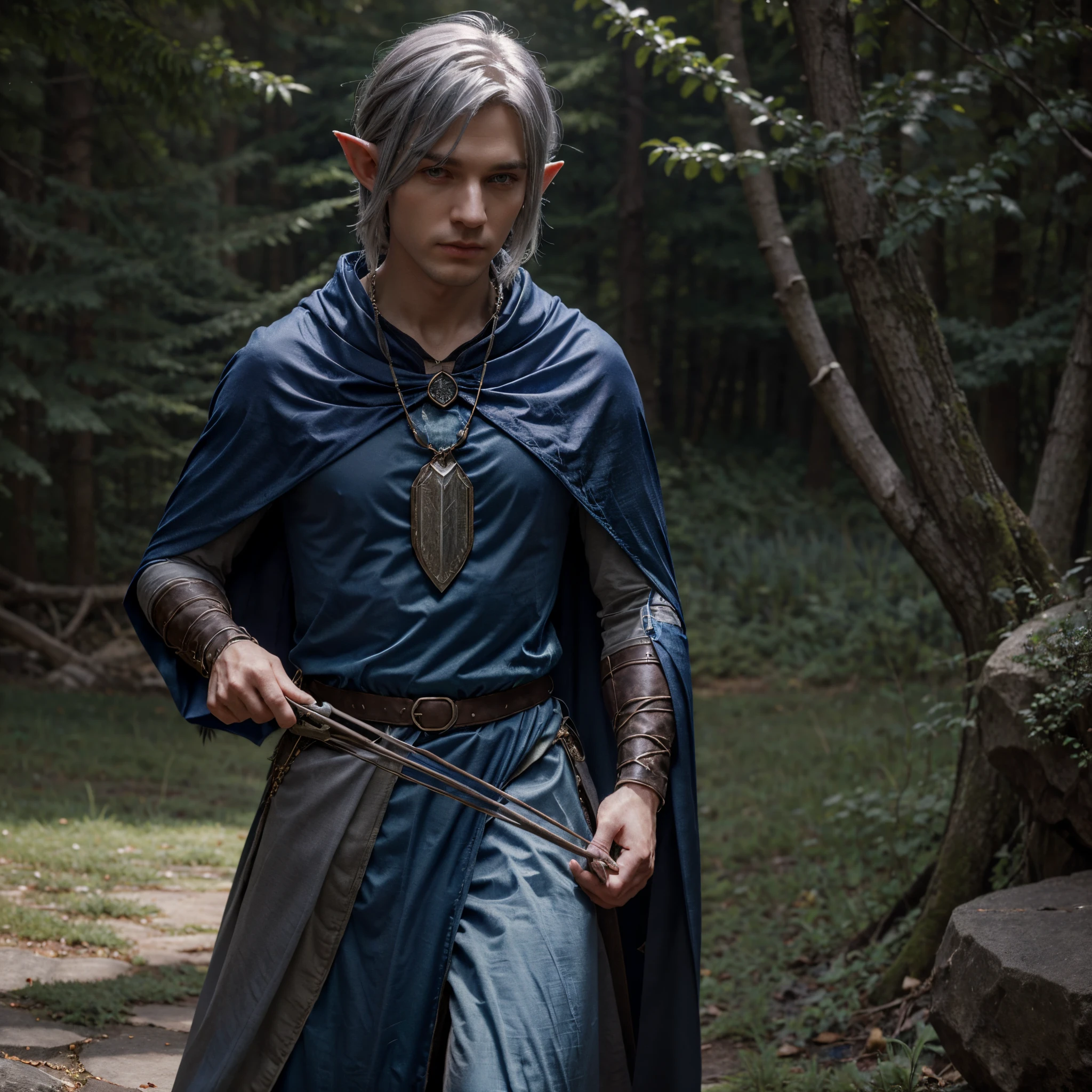 (Male elf ranger) (carrying hunting bow) (blueish gray hair) (pale skin) (slender) (dark blue cloak) (dnd character) (ultrarealism) (fantasy) (raven necklace) (beautiful male)