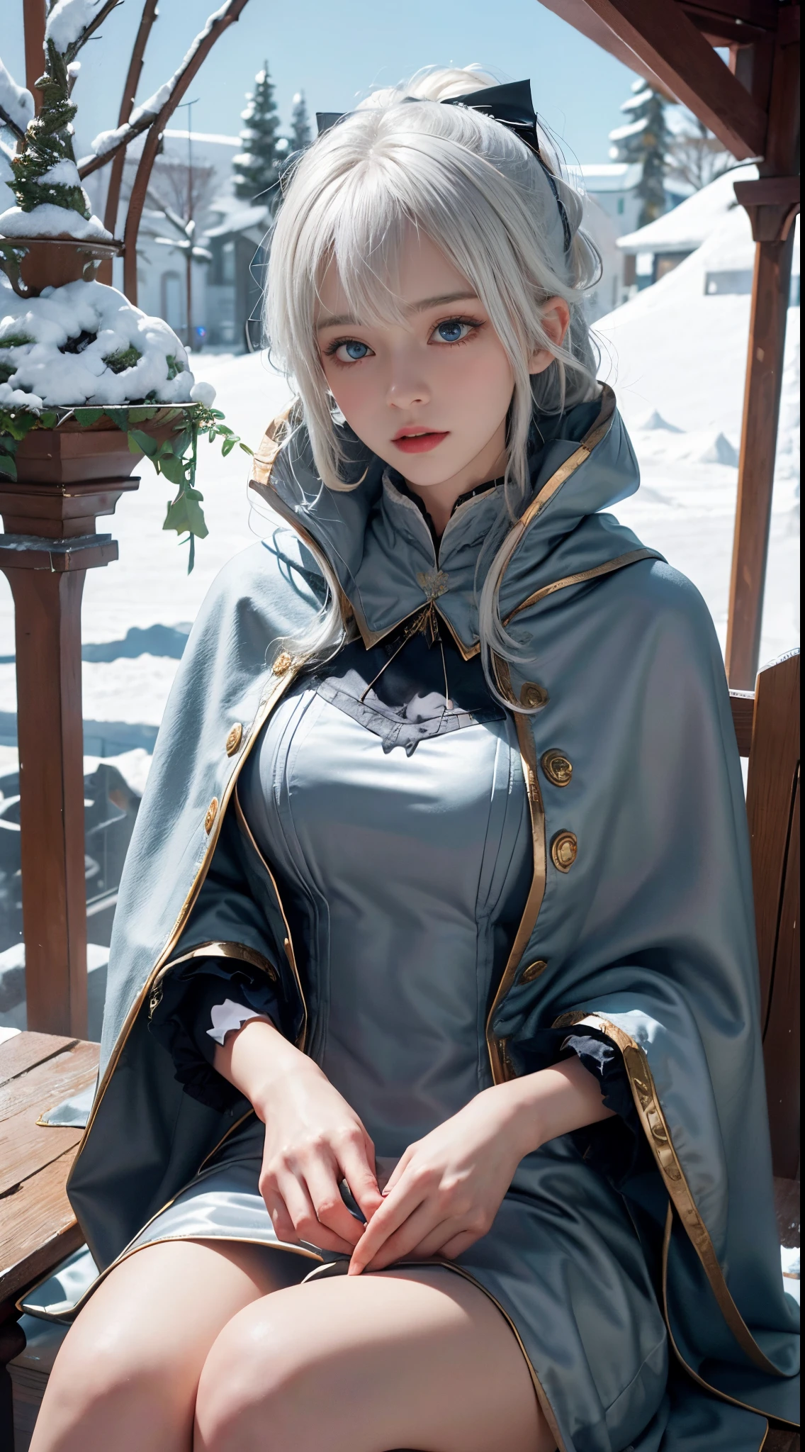 (8K),realistically, A high resolution, 1 Women, own, (gorgeous one,Lolita costume), pretty eyes, White hair, eye socket, (sitted,Cloak,blanketed in a mantle of snow),Ski slopelizzarding,