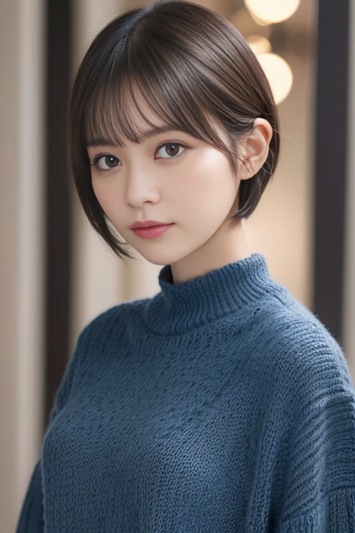 masutepiece, Best Quality, (1womanl), Ultra-detailed, finely detail, hight resolution, 8K picture quality, Perfect dynamic composition, Beautiful detailed eyes, Natural Lip, Dark blue knitted dress, extra very short hair, Abstract, bashfulness