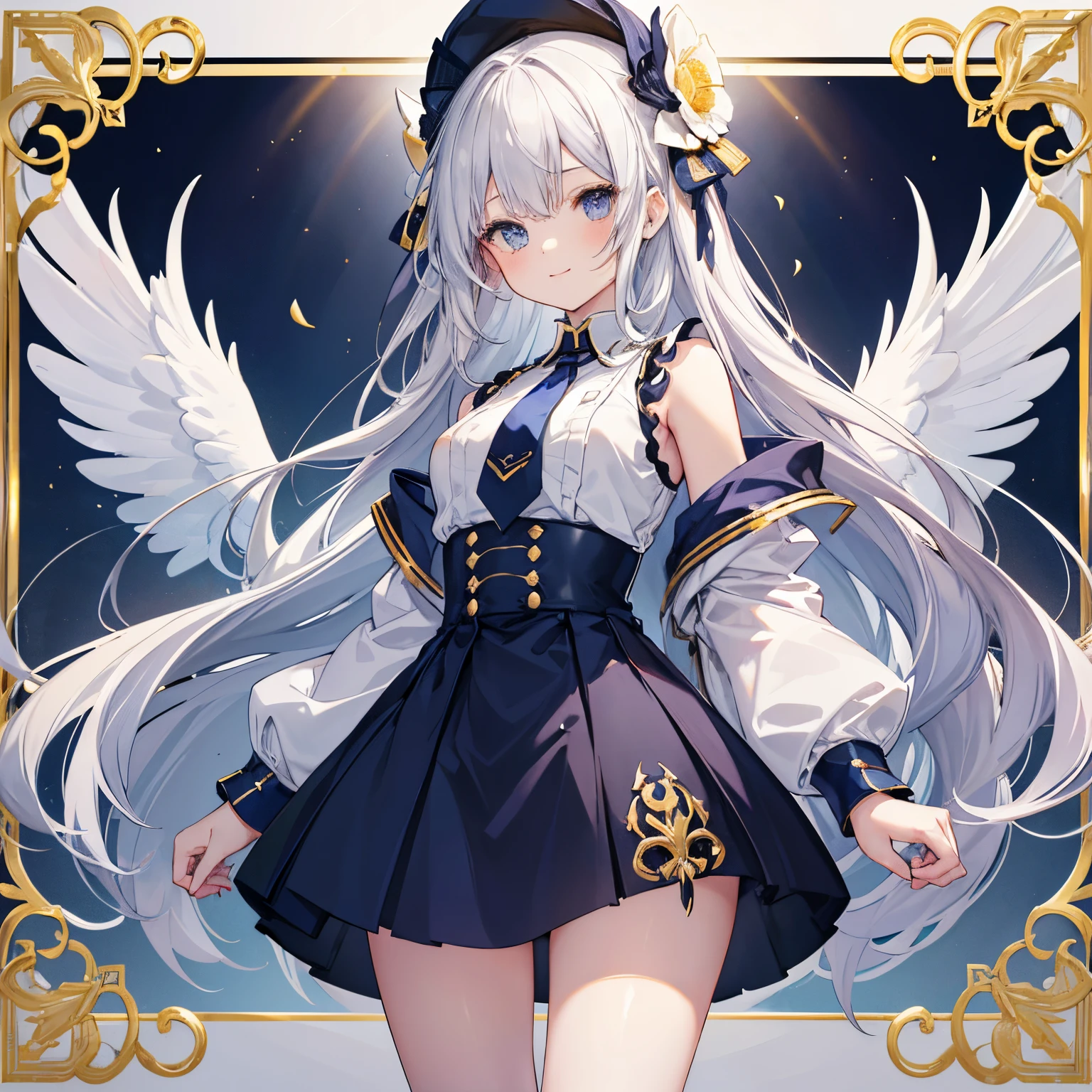 A girl with a halo on her head floats in the air, Reveal her entire chest,Show off white lace thong panties,Holding a slender sword in his hand。Six pairs of huge white wings,huge tit,Blonde hair,Golden glowing eyes,divino,Misty,ribbon,Fog surrounds,Clear sky with extreme detail gorgeous background,extreme hight detail,White lace underwear,Miniskirt