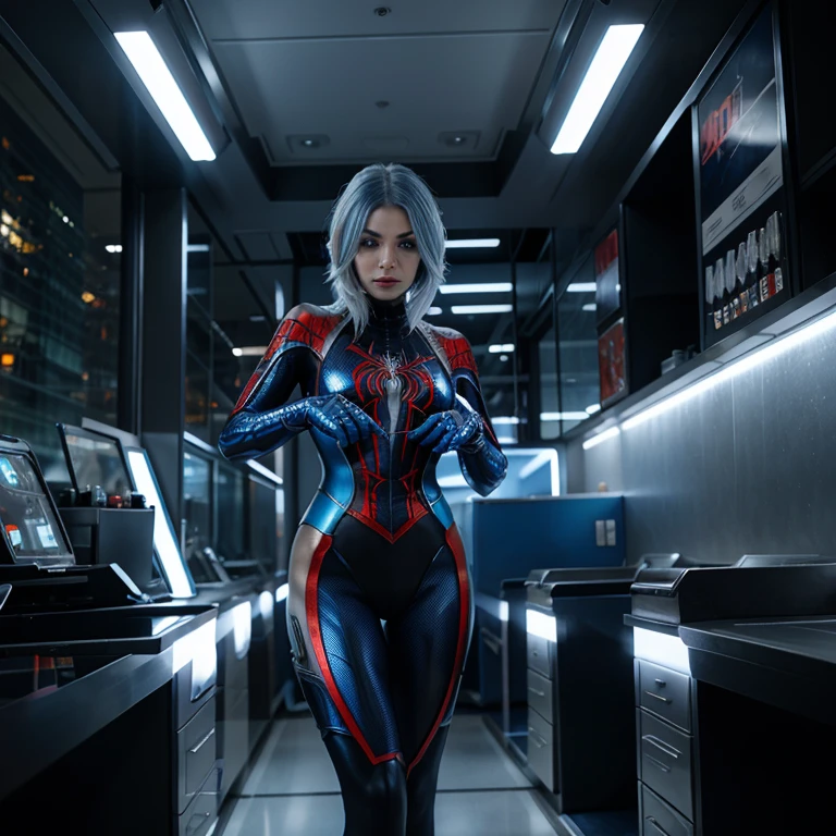 Spider woman with silver and blue hair in a insomniac spider suit colored silver and blue