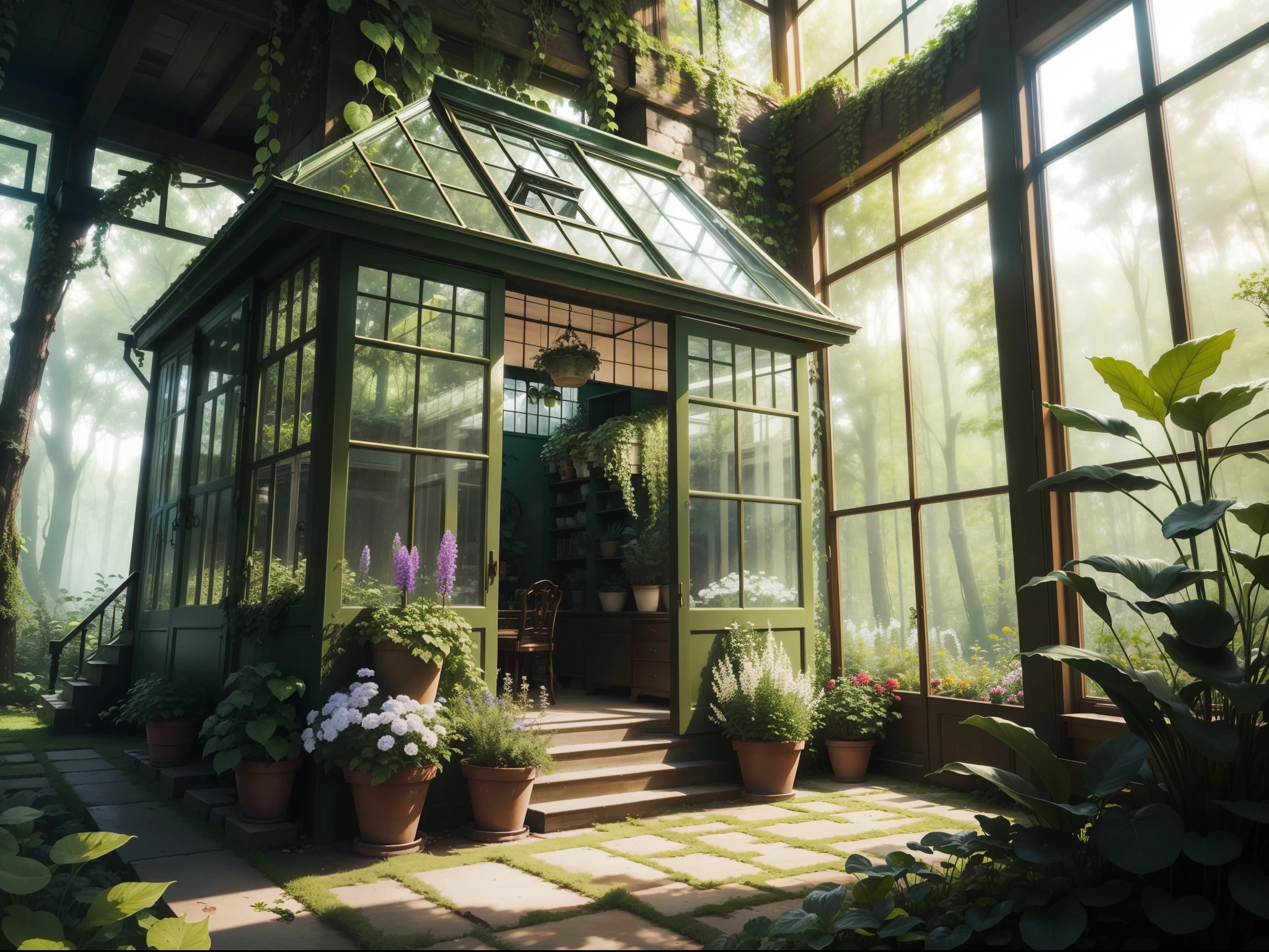 There a glass flower house in the woods,It full of all kinds of beautiful plants:On the countertop a pot of neatly arranged plants,A small green area on the ground also has plants,The upper part hangs vines,Internal vision
