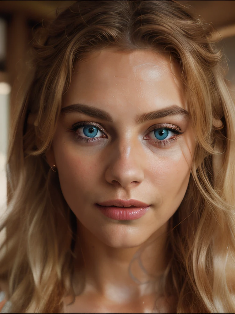 A photorealistic portrait of a insanely beautiful lightly tanned European woman with light make-up, beautiful long blonde hair, extremely detailed light blue eyes, sexy woman, 18 years old, really cute, detailed symmetric realistic face, full lips, extremely detailed natural texture, peach fuzz, long messy blonde windy hair, masterpiece, absurdres, award winning photo by Francesco Scavullo, nikon d850 film stock photograph, kodak portra 400 camera f1.6 lens, extremely detailed, amazing, fine detail, rich colors, hyper realistic lifelike texture, dramatic lighting, unrealengine, trending on artstation, cinestill 800 tungsten, looking at the viewer, photo realistic, RAW photo, TanvirTamim, high quality, highres, sharp focus, extremely detailed, cinematic lighting, 8k uhd