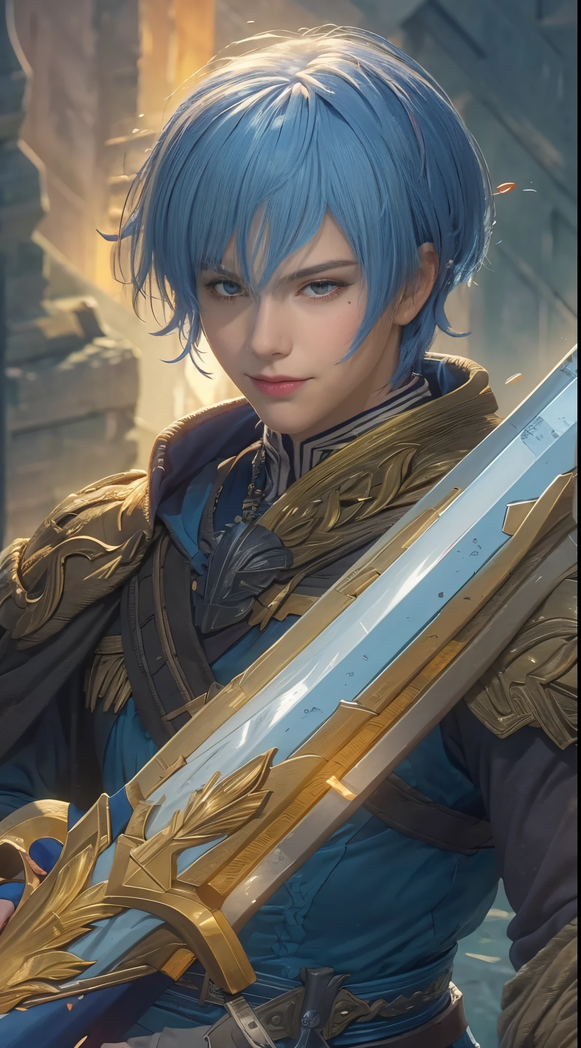 8k, best quality, highres, realistic, real person, A heroic character with silky blue bobbed hair, holding a legendary sword. The hero is narcissistic and smirking, with a mole on their cheek, embodying a unique blend of charm and confidence. The hero's attire is a combination of classic hero garb and stylish modern elements. The sword is intricately designed, shining with magical energy. The background reflects a grand adventure, with a sense of epic fantasy and heroism.