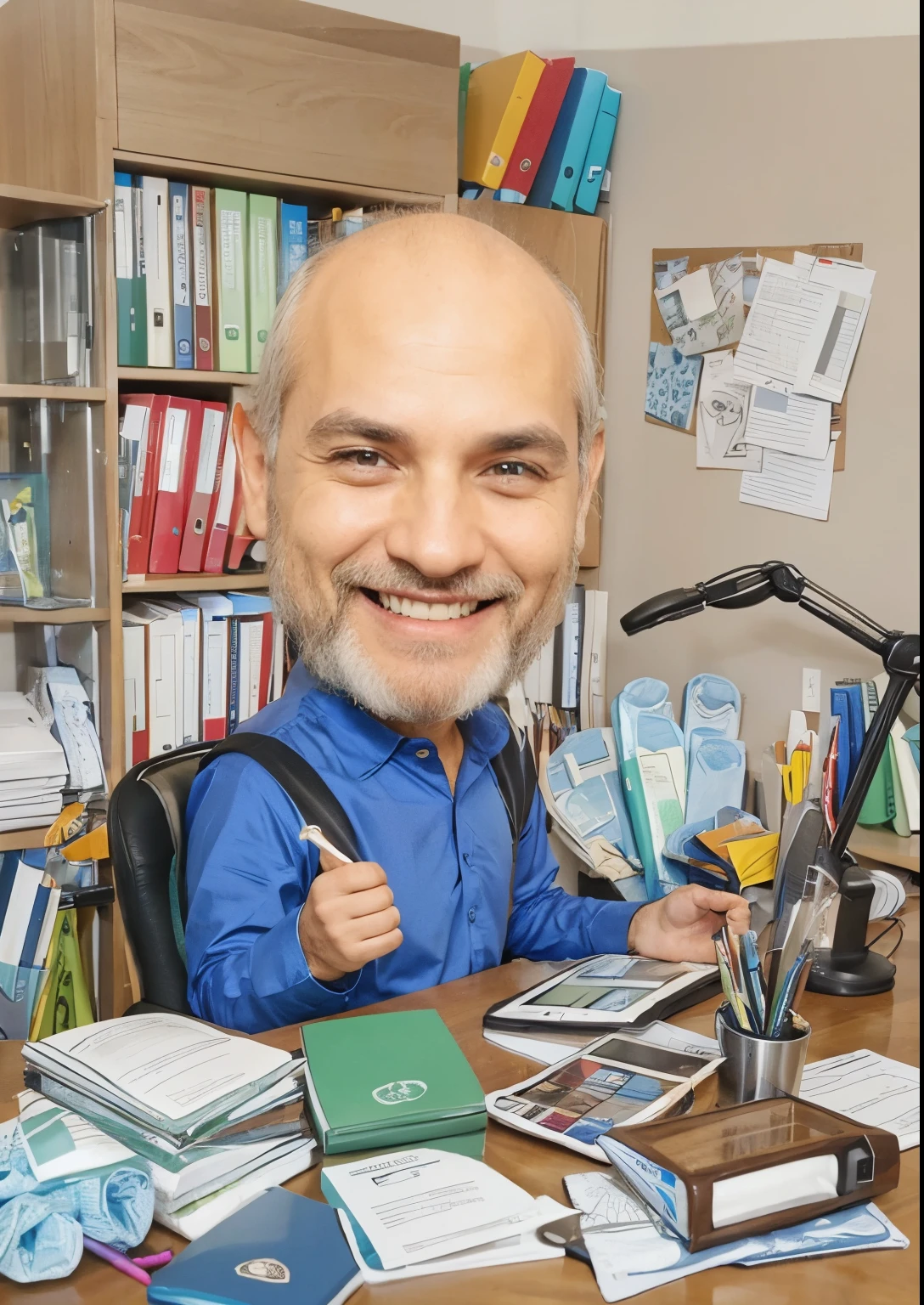 is in the office,tem barba branca ,dando beleza ,sorrindo,camisa azul