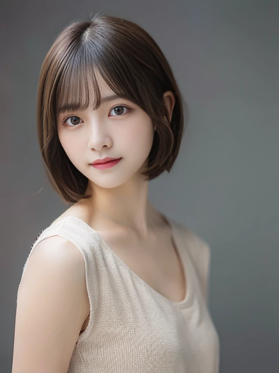 1girl in、real looking skin、(short-hair:1.1)、Very short shorthair、(Photorealsitic:1.1)、Beautuful Women、Clothes that are less revealing、Beauty Salon、Gray background、Natural look