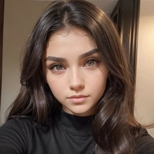 there a young girl with a black shirt and a black sweater, perfect face ), perfectly lit face, 19-year-old girl, perfect face and eyes, young cute face, a beautiful -aged girl, extremely beautiful face, brown hair and large eyes, very pretty face, detailed perfect face, headshot profile picture, beautiful huge eyes, beautiful glowing eyes