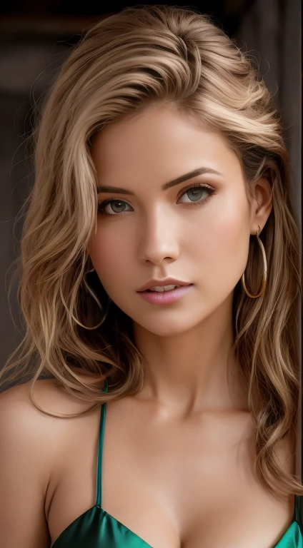Masutepiece, La mejor calidad, Fotorrealista, Ultra-detallado, Detalle fino, high resolusion, Fondo de pantalla de 8k, profesional, ALTO NIVEL DE DETALLE, High Angle for Latina Women, cabello rubio claro, Con un vestido corto y ajustado verde esmeralda, Small bust with good shape, (mirando hacia el frente), (Mira a los espectadores),  Aceras, Textura natural de la piel, soft cinematic light, Foto RAW, Elegent, Altamente detallado, foco nítido, ((cinematic look)), tonos suaves, Detalles locos, Detalles intrincados, Hiperdetalles, bajo contraste, exposure blending, NFFSW, descolorido