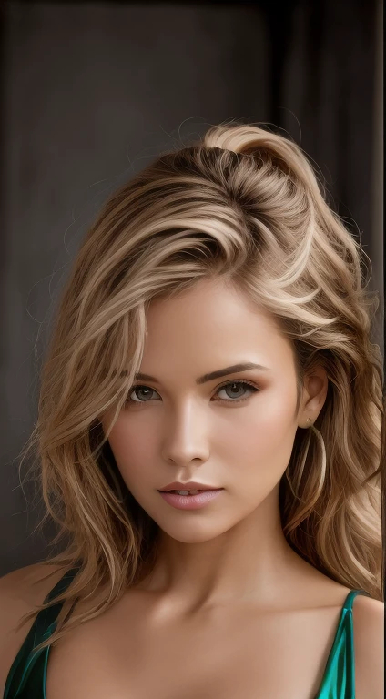 Masutepiece, La mejor calidad, Fotorrealista, Ultra-detallado, Detalle fino, high resolusion, Fondo de pantalla de 8k, profesional, ALTO NIVEL DE DETALLE, High Angle for Latina Women, cabello rubio claro, Con un vestido corto y ajustado verde esmeralda, Small bust with good shape, (mirando hacia el frente), (Mira a los espectadores), Aceras, Textura natural de la piel, soft cinematic light, Foto RAW, Elegent, Altamente detallado, foco nítido, ((cinematic look)), tonos suaves, Detalles locos, Detalles intrincados, Hiperdetalles, bajo contraste, exposure blending, NFFSW, descolorido