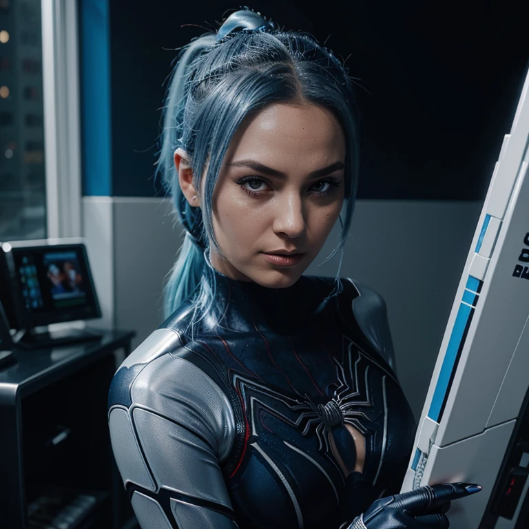 Spider woman with silver and blue hair tied up in a ponytail in a insomniac spider suit colored silver and blue In the comic book style