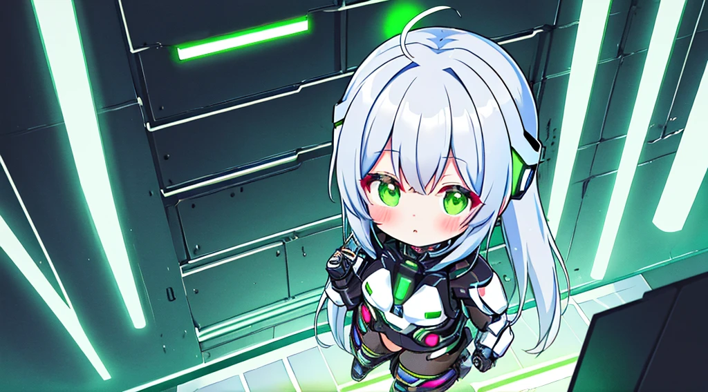 (From directly above、Overhead view)cybersuit, Cyberpunk anime girl mecha, cyborg - girl with silver hair, Cyborg girl, 动漫赛博朋克艺术, Perfect Anime Cyborg Woman,  digital cyberpunk anime works、There#39;Cyberbird at my feet、There#background green neon light.、Angle directly above
