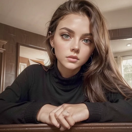 there a young girl with a black shirt and black sweater, Perfektes Gesicht ), Perfekt ausgeleuchtetes Gesicht, 19-year-old girl, Perfektes Gesicht und perfekte Augen, junges niedliches gesicht, a beautiful girl in her old age, extremely beautiful face, brown hair and big eyes, very pretty face, Detailliertes perfektes Gesicht, Headshot-Profilbild, beautiful huge eyes, beautiful shining eyes