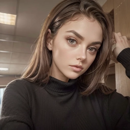 there a young girl with a black shirt and black sweater, Perfektes Gesicht ), Perfekt ausgeleuchtetes Gesicht, 19-year-old girl, Perfektes Gesicht und perfekte Augen, junges niedliches gesicht, a beautiful girl in her old age, extremely beautiful face, brown hair and big eyes, very pretty face, Detailliertes perfektes Gesicht, Headshot-Profilbild, beautiful huge eyes, beautiful shining eyes