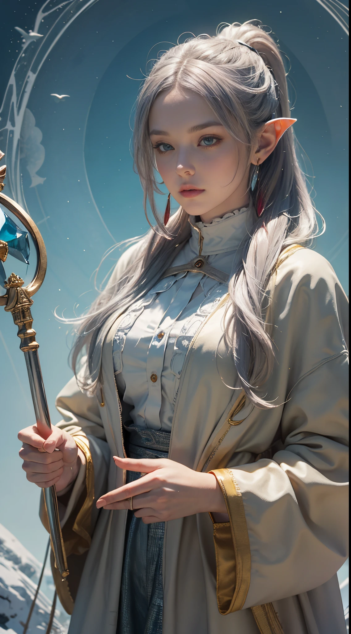 FrierenWinter, 8k, best quality, highres, realistic, real person, A wizard character with silver ponytail hair, earrings, and a shorter stature. The wizard is holding a luxurious, ornately decorated staff but is not wearing a hat. Their outfit is a blend of traditional wizard robes and contemporary magical attire, rich in detail and color. The character's expression is wise and confident, reflecting their mastery in magic. The background is a mystical setting, with elements of magic and fantasy.