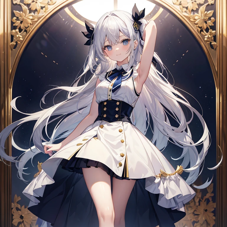 Portrait of a girl with long silver hair、Sleeveless, High collar white button front shirt、Navy cameo ribbon tie with gold trim、Dark blue cameo with golden border and white female silhouette.、Navy blue high waist flared miniskirt with bustier、lotuses、drawers、The skin of white socks above the knee、Bright smile、turn around and look up at the camera