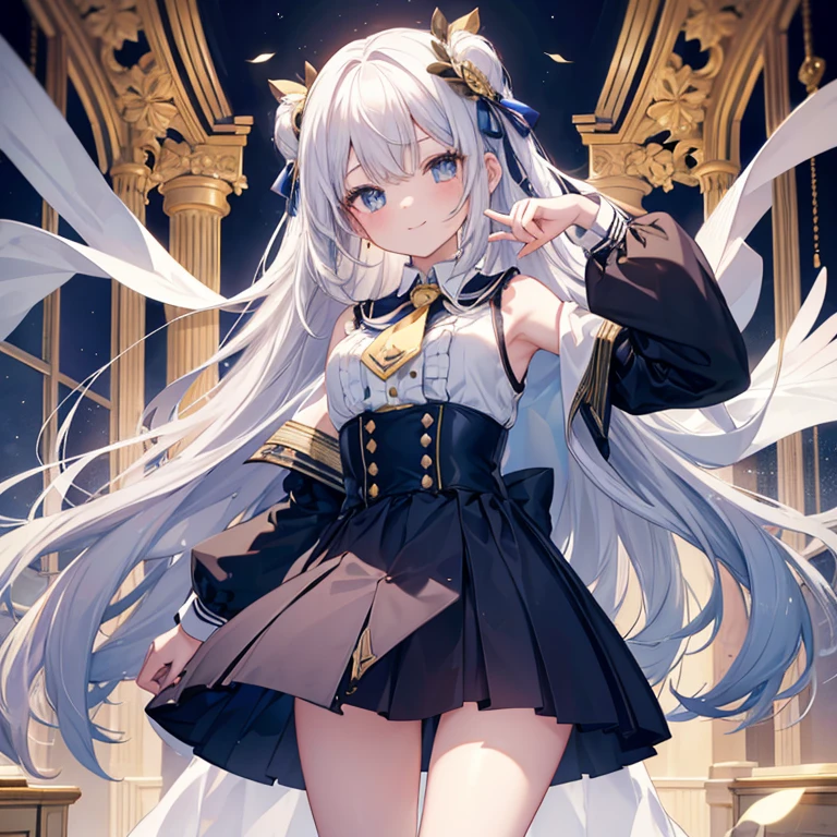 Portrait of a girl with long silver hair、Sleeveless, High collar white button front shirt、Navy cameo ribbon tie with gold trim、Dark blue cameo with golden border and white female silhouette.、Navy blue high waist flared miniskirt with bustier、lotuses、drawers、The skin of white socks above the knee、Bright smile、turn around and look up at the camera