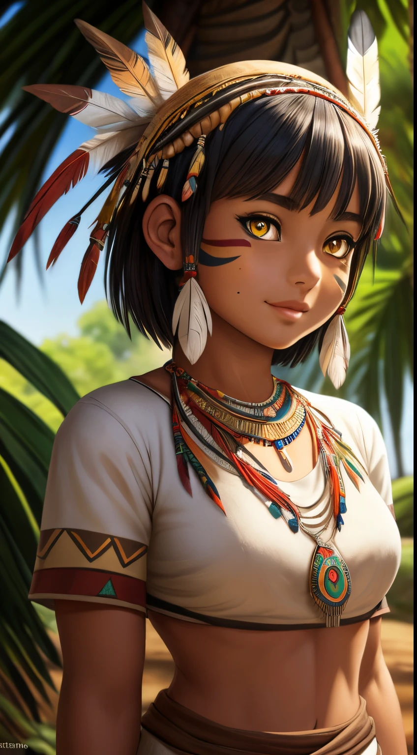 ((ultra quality)), ((tmasterpiece)), young girl shaman, ((white-gray very short hair)), (Tribal feather decorations on the head), (Beautiful cute face), (beautiful female lips), Charming, ((aroused expression)), looks at the camera with a gentle smile, eyes are slightly closed, (Tribal white face paint with triangles on the cheeks), (skin color dark), Body glare, потное, ((detailed beautiful female eyes)), ((large dark yellow eyes)), (juicy female lips), (beautiful female hands), ((perfect female figure)), perfect female body, Beautiful waist, gorgeous big thighs, beautiful breasts, ((Subtle and beautiful)), stands on a totem in the form of a yellow owl, (close-up of the face), (wearing a white aboriginal skirt, white aboriginal top, Aboriginal jewelry on the neck on the legs on the arms) background: Jungle, aboriginal village, ((Depth of field)), ((high quality clear image)), (crisp details), ((higly detailed)), Realistic, Professional Photo Session, ((Clear Focus)), the anime