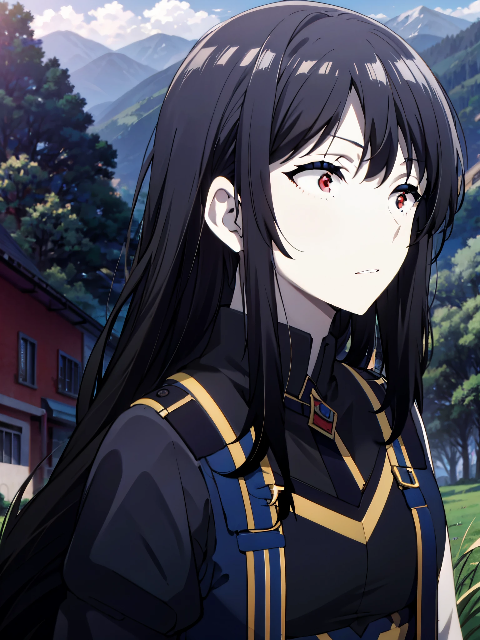 (masterpiece:1.2), (pale skin:1.2), (solo:1.2), (female:1.1), (emphasis lines:1.3), black hair, long hair, red eyes, outdoors, streets, (looking away), (grassy field), countryside, hills