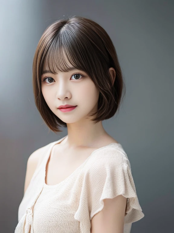 1girl in、real looking skin、(short-hair:1.1)、Very short shorthair、(Photorealsitic:1.1)、Beautuful Women、unrevealing clothes、Beauty Salon、Gray background、Natural look