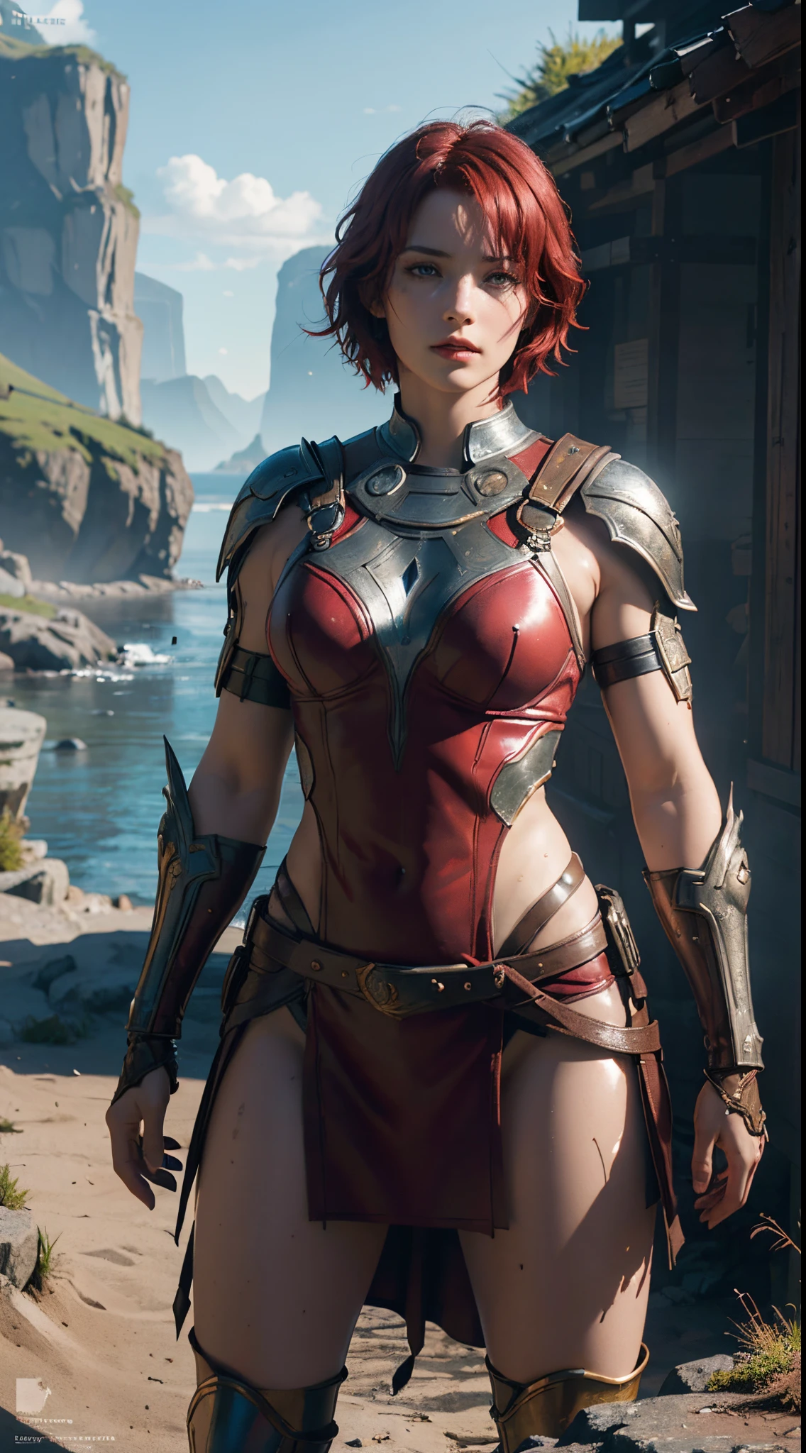 Asgard, Valkyrie,1 muscular woman, Lady Knight, (short red hair), Correct anatomy,Epic fantasy digital art,tmasterpiece,8K,high-definition resolution,Detailed drawing,Culidad Superior,, epic composition, Courageous body, ((sexypose, sexually dressed)), 8K, (skin texture:1.1), (Sweaty Body 1.1), (Skin Shine 1.1), (highly detail face:1.1), High detail of the body, very detailed clothes), (Realistic Ultra High Definition, 8K, extra high resolution, Film grain, Cinematic lighting, rim lighting, photo by Arnie Freytag