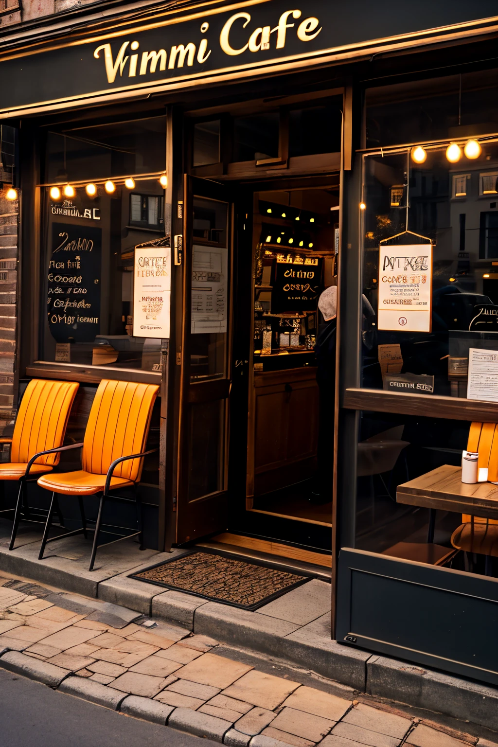 warm cafe's window from outside, orange lights