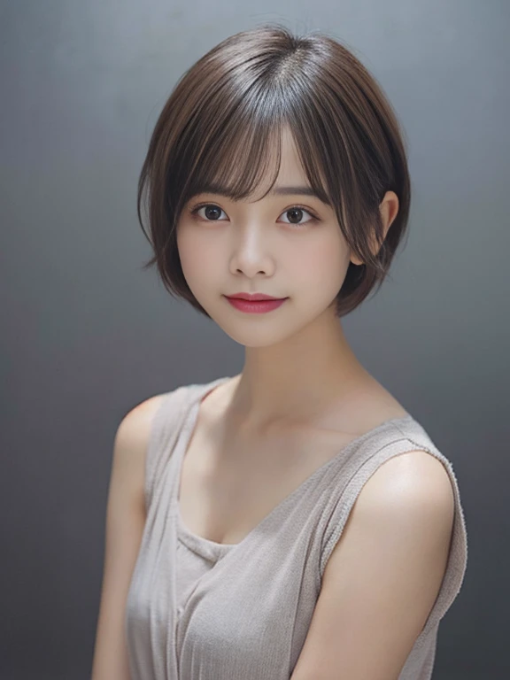 1girl in、real looking skin、(short-hair:1.1)、Very short shorthair、(Photorealsitic:1.1)、Beautuful Women、unrevealing clothesbeauty salon、Gray background、Natural look