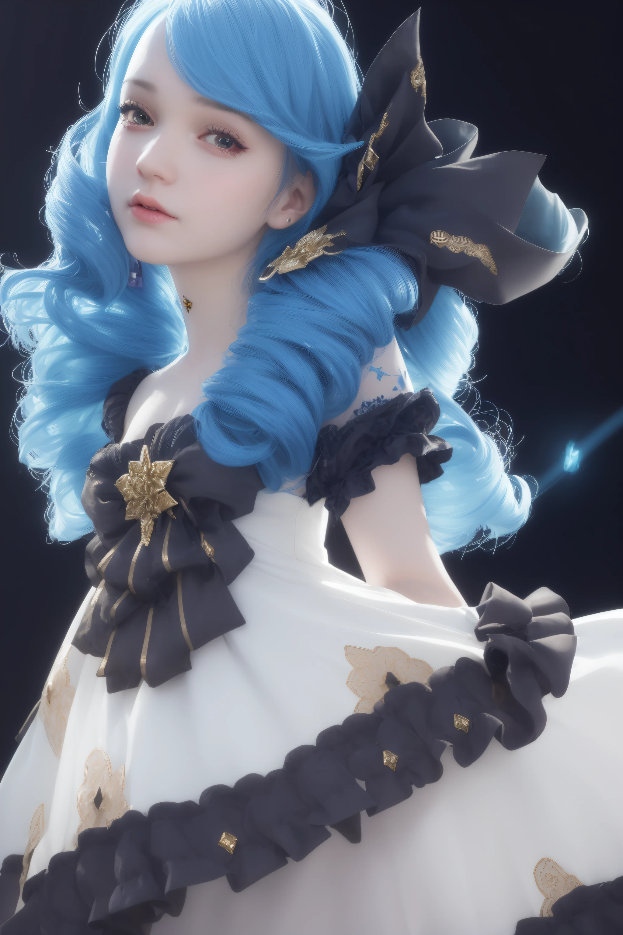 Best quality at best, tmasterpiece, (actual:1.2), 1 girl, gwyn, a skirt, Blue hair, hair drill, vivd colour, Saturated, ribbons, black ribbon, 详细的脸, pretty  face,  Background with, blue glowing