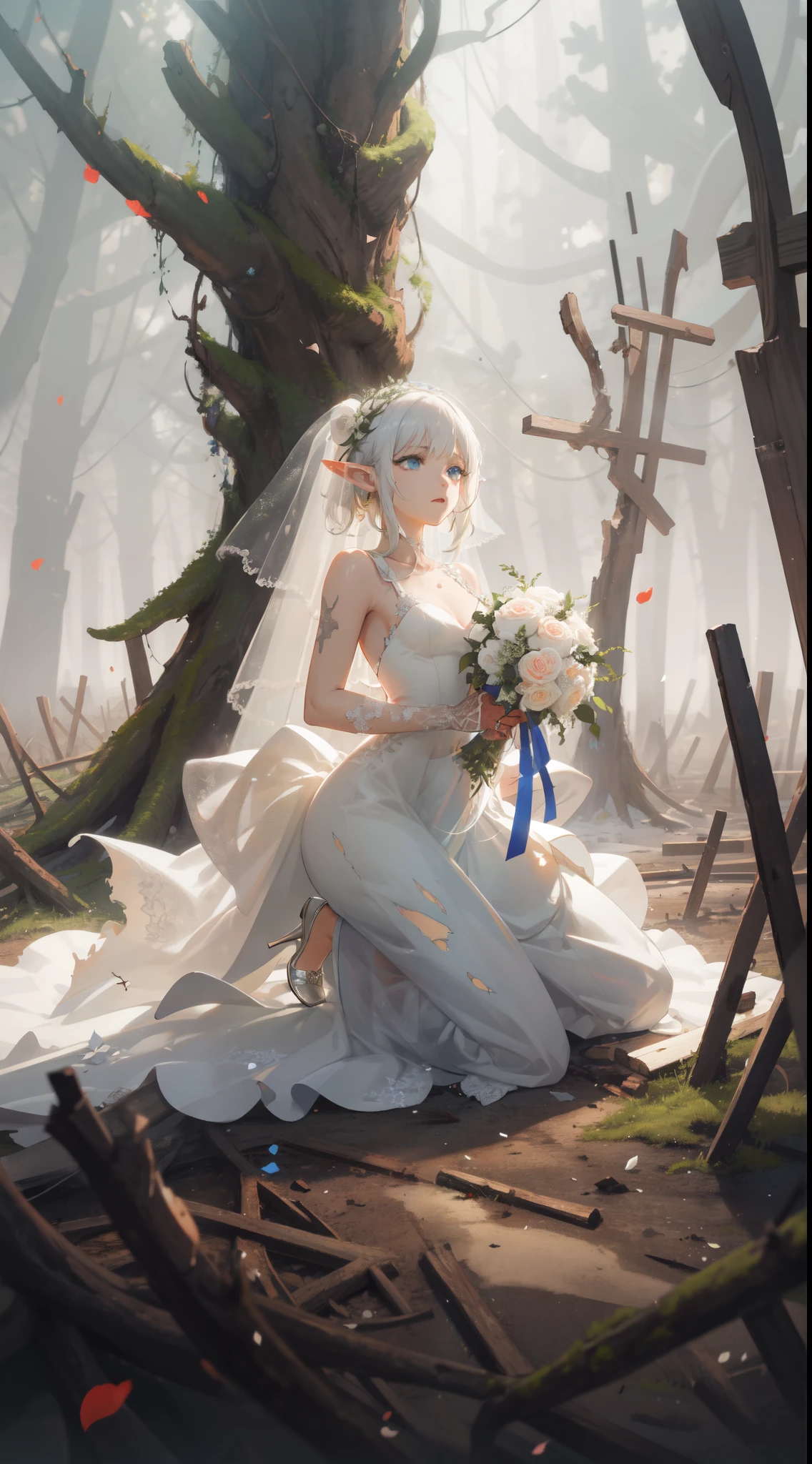 A beautiful elf girl in (torn dirty wedding:1.3) dress kneeling amidst rubbles of a war-torn fallen forest, (people running:1.2), smoke, smog, light particles, fire, somber, innocence and devastation, (elf), 1girl, (Bangs, sidelock, white hair, blue eyes:1.2), HDR, Digital painting, (Broken tree effect:1.1), aesthetic, art style by Artgerm, by Yusuke Murata, by Kawacy