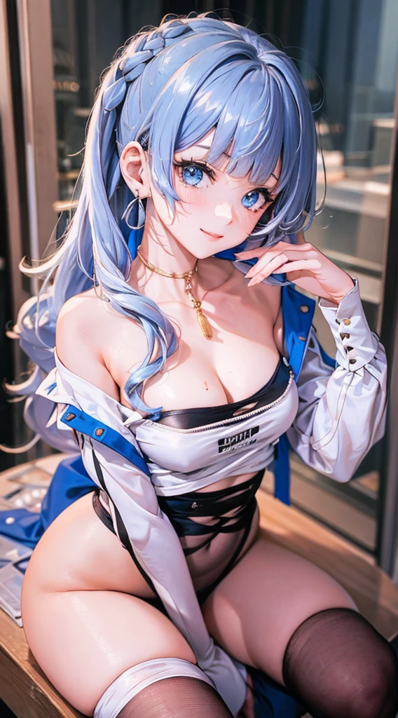 Character Details:, - Gender: 1 Girl.
- Style: Anime, - Body Type: Attractive body, slim body, nice legs, slim tights, nice arms, nice shoulders. - Breast: ((Small Breast:1,5)), Show Cleavage.
- Facial Feature Beautiful, Gorgeous, ager, Fresh, Young.
- Expression: Smile, Pink Blush on Face, Sexy Eyes, Sexy Look, Innocent Look, Tipsy. - Hairstyle: Blunt Bangs, Long Hair. - Hair Color: Light Blue Hair.
- Clothing: off-shoulder, white shirt, skirt, stocking. - Body Pose: (Sitting). - Behaviour: Waiting, Want Something, Secretly.
- Accessories: Earrings. Environmental Details:, - Setting: Office Room., - Lighting: Natural Light., - Decoration: Modern Office Desk, Chair, Window, White Curtain, City View. Top view.- Masterpiece, top quality, best quality, official art, beautiful, and aesthetic:1.2 - Fractal art:1.1, Colorful:1.1, Highest detailed:1.2, Zentangle:1.2 - Crisp details, Sharp lines, Rich textures, Fine craftsmanship:1.3 - High resolution, Meticulous rendering:1.2, POV, anime style, UHD, retina, masterpiece, accurate, anatomically correct, textured.