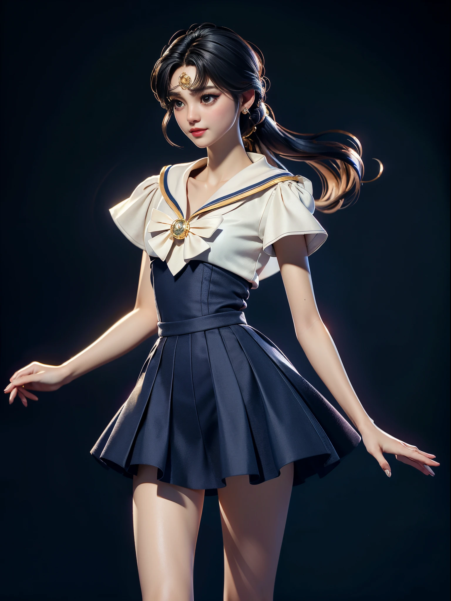 (Elegant Sailor Moon)。a skirt。tmasterpiece, Best quality at best:1.2),(8K,A high resolution,RAW photogr,actual,realistically:1.3),(Detailed skin texture,The texture of the fabric delicate,beautiful detailed face:1.25)。with black background。