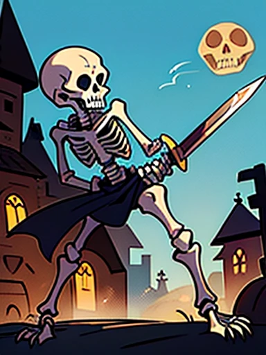 Skeleton, attacking a village, undead, skeleton, humanoid, scoundrel, ember, frontal view, stands, Facial bones, Living skeleton, undead, Fully skeletal, scoundrel, Skeleton Arms, Fully skeleton, warrior , terrible , With a sword , without gender , without hair