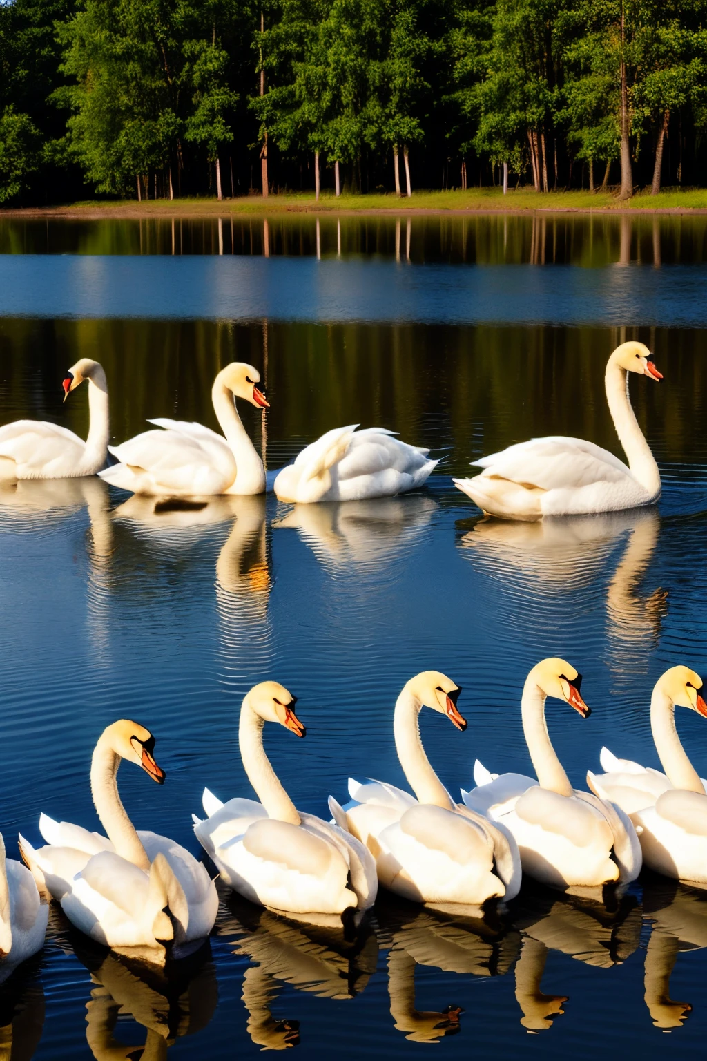Seven swans all lined up on a rippled lake, landscape, highly detailed, high resolution