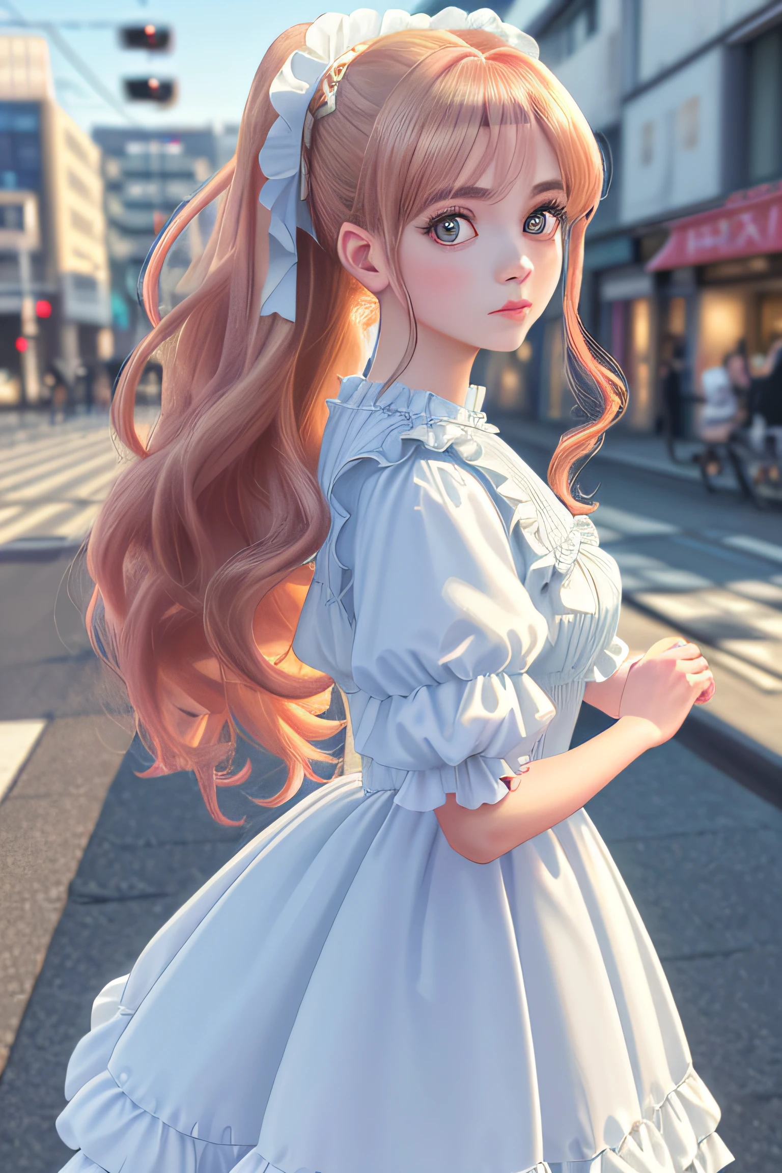 (Best Quality,4K,8K,hight resolution,masutepiece:1.2),Ultra-detailed,Realistic:1.37,Portrait,Anime,Girl with double ponytail and curly colored eyes,White ta Dresses,busy city scene,Vibrant colors,Soft lighting