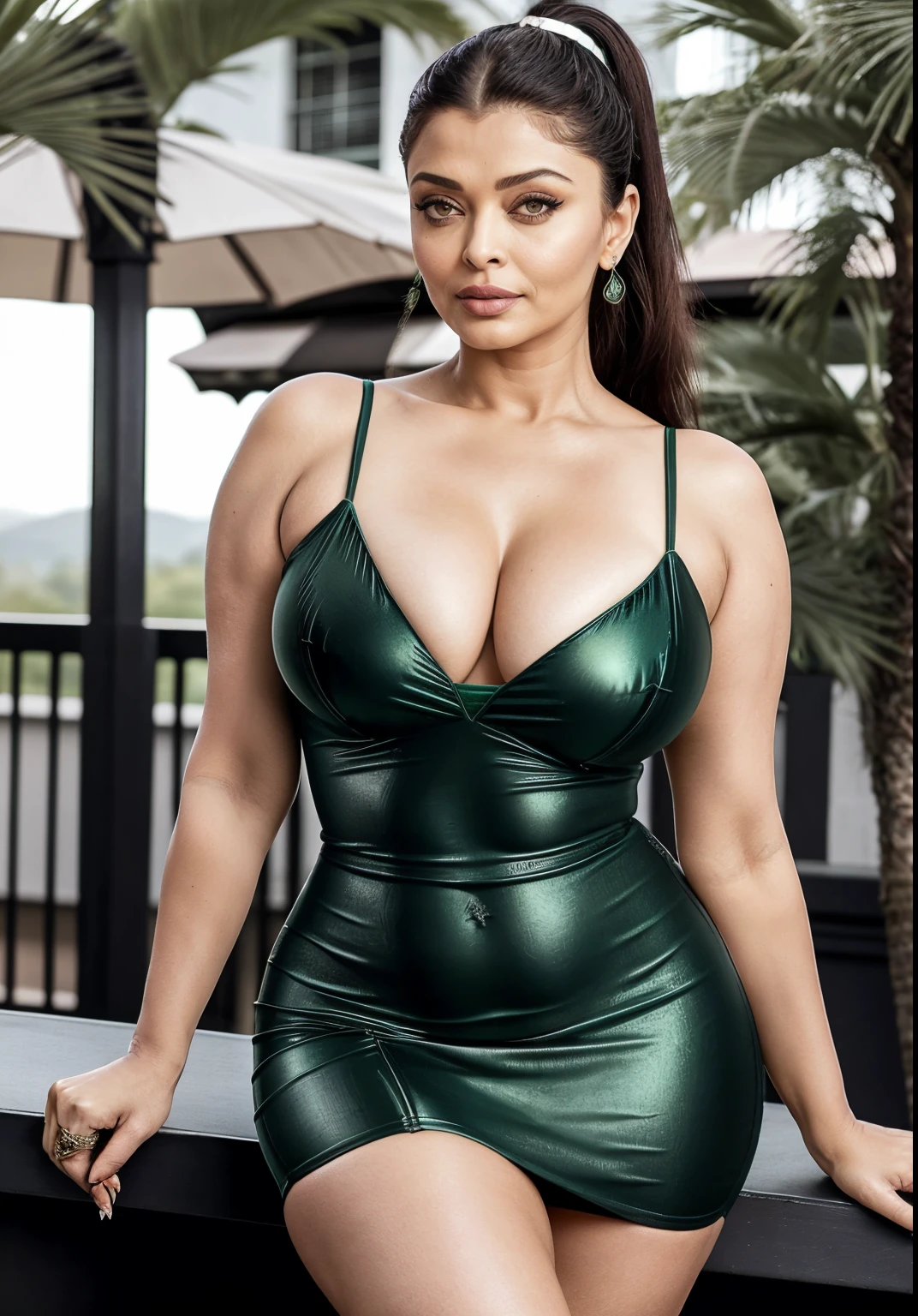 50 year old mature MILF Aishwarya Rai, tight emerald green bodycon micro mini dress, exposing thighs, black knee high boots, massive cleavage show, breasts popping out, ((ponytail tied hair)), curvaceous athletic milf body, hourglass milf figure, perfect breasts, seducing pose, posing in terrace, day scene, soft volumetric lights, intricate details, (ArtStation:1.2)