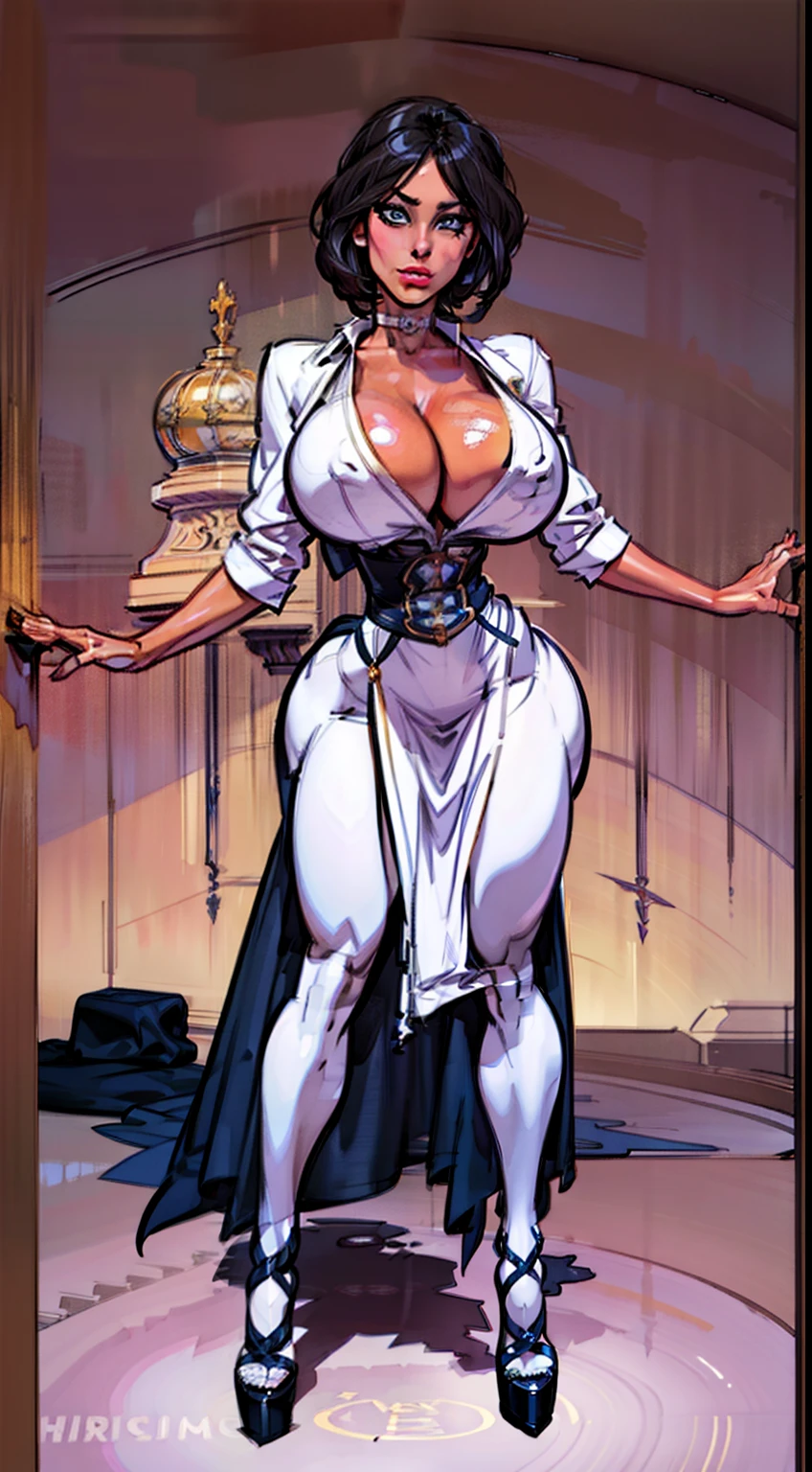 ((Elizabeth)), full body pose, dynamic image, perfect anatomy, perfect composition, detailed face, Bioshock infinite, ((detailed face)) , Female in middle of image,(( official art)), concept character, character design, sketch,doodletits,, sexy lips, (gigantic breasts:1.1), skindentation, breasts, official illustration, illustration, detailed face, beautiful intricate eyes, curvy milf, 1:2), closeup, titsnipples, hourglass waist, slendered ans, wide hips,