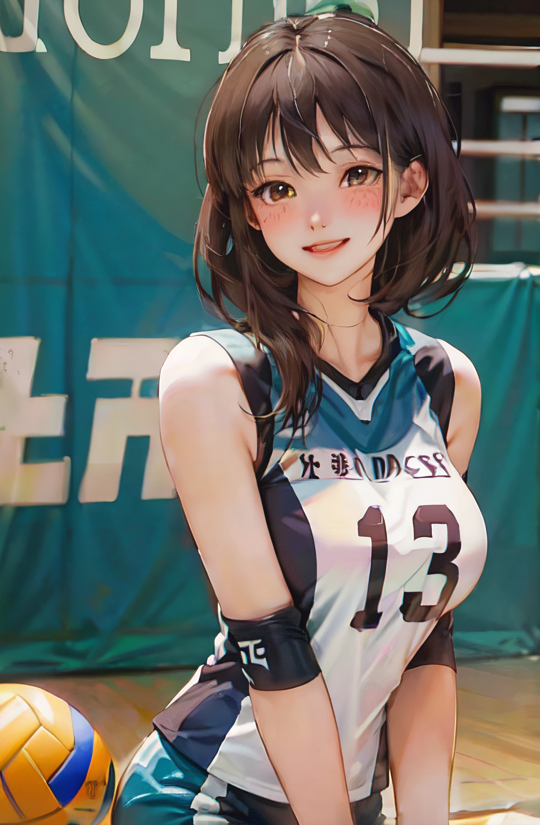 1lady solo, /(volleyball uniform/), /(dark brown hair/) bangs, blush light smile, (masterpiece best quality:1.2) delicate illustration ultra-detailed, large breasts BREAK /(volleyball court indoors/)