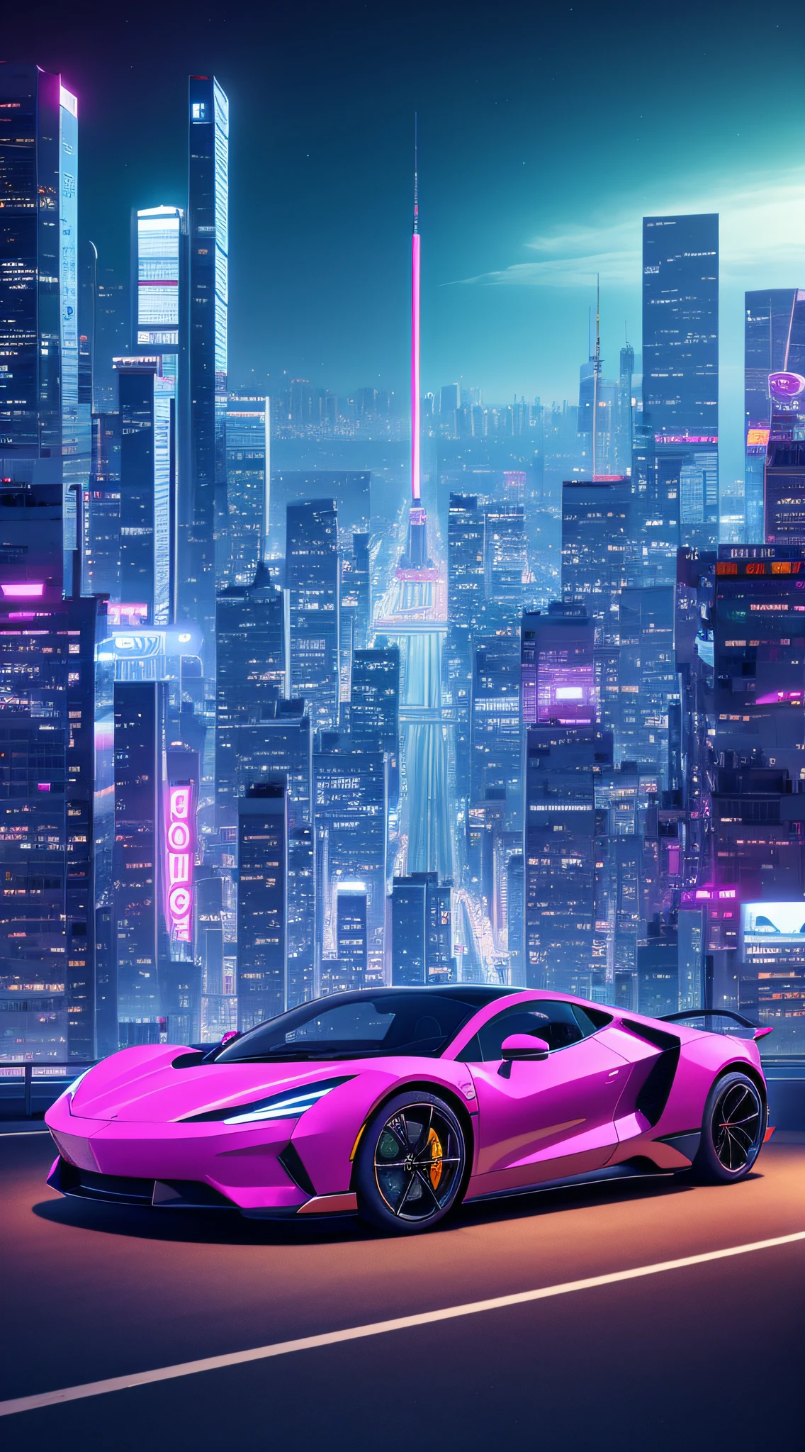 Depicting a future of high-tech supercars zipping around the city，in a panoramic view，heads up，neon，Interstellar