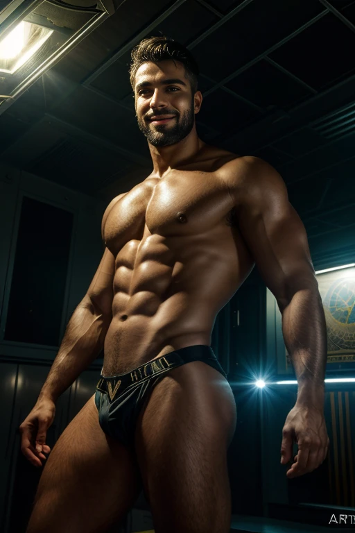 ((Trabalho de estreia masculino)), ((rosto lindo, masculo e forte)), de ((barba bem feita)), sem camisa, usando sunga couro sexy, ((corpo inteiro lascivo)), ((pernas bonitas e musculosas)) , ((corpo de beleza,)), ((deitado na cama de pernas abertas)), qualidade superior, Arte Oficial,great aesthetics:1.2), melhor qualidade, Ultra HD |, 32k Ultra, (Arte Fractal:1.3), Cores altamente detalhado, ((sexy villain)), sorriso suave, masculino e forte, Smooth expression, um sorriso, ((tiro de corpo inteiro)), luz dourada olhando para camera, ((In the background cidade celestial majestosa)), altamente detalhado, ultrarrealista, detalhes intrincado, melhor qualidade)), ((cinematiclight)), hiper realista, fantasia sombria, epic realistic,arte, ( HDR:1.5), hiper detalhado, (Artee station:1.5), cinemactic, luzes quentes, Efeito de Luz, dramatic light, (detalhes intrincados:1.1)