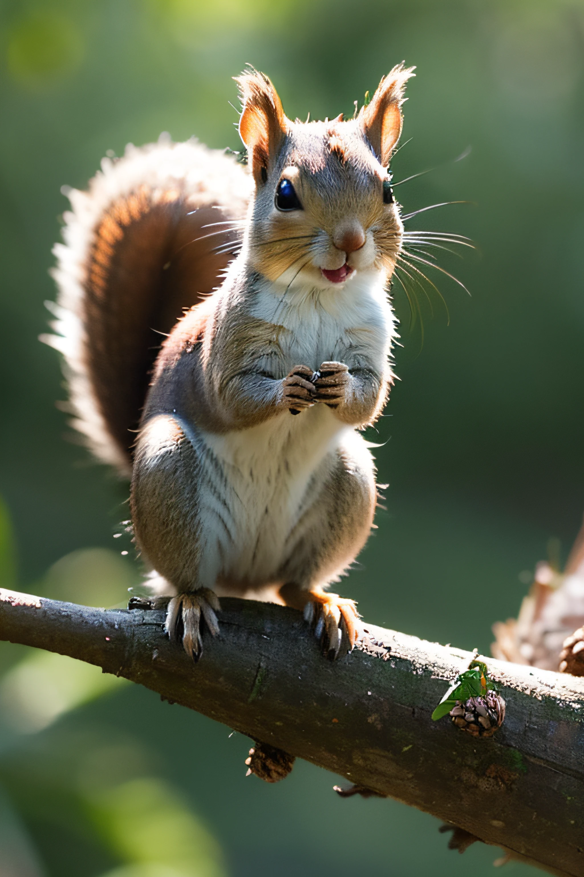 A small squirrel brings home the pinecone，Very cheerful expression,