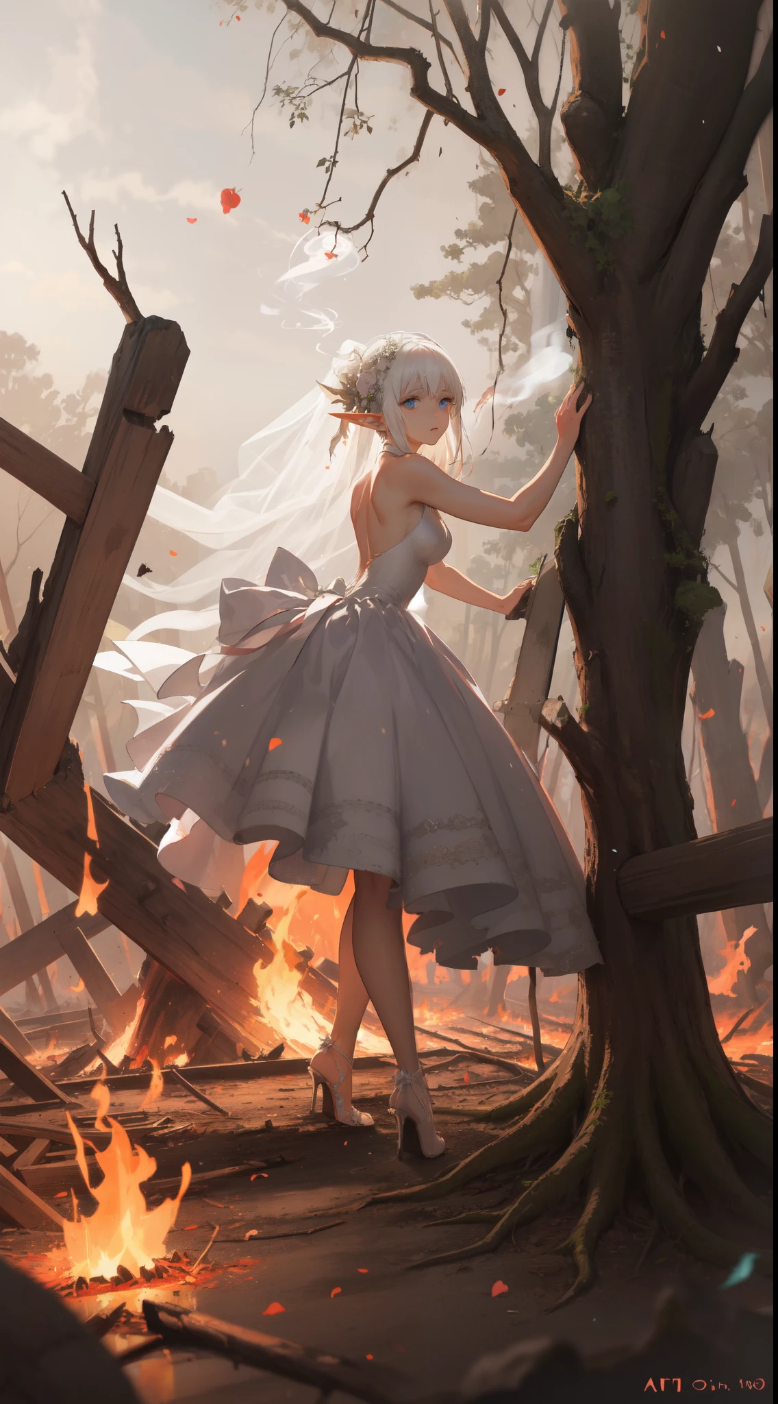 (masterpiece, best quality, ultra-detailed, best shadow), (beautiful detailed face:1.3),(solo), A beautiful elf girl in (torn dirty wedding dress:1.3) kneeling amidst rubbles of a war-torn fallen forest, (people running:1.2), (smoke, smog, light particles, fire:1.3), somber, innocence and devastation, (elf), 1girl, (Bangs, sidelock, white hair, blue eyes:1.2), (Broken tree effect:1.1), aesthetic, art style by Artgerm, by Yusuke Murata, by Kawacy