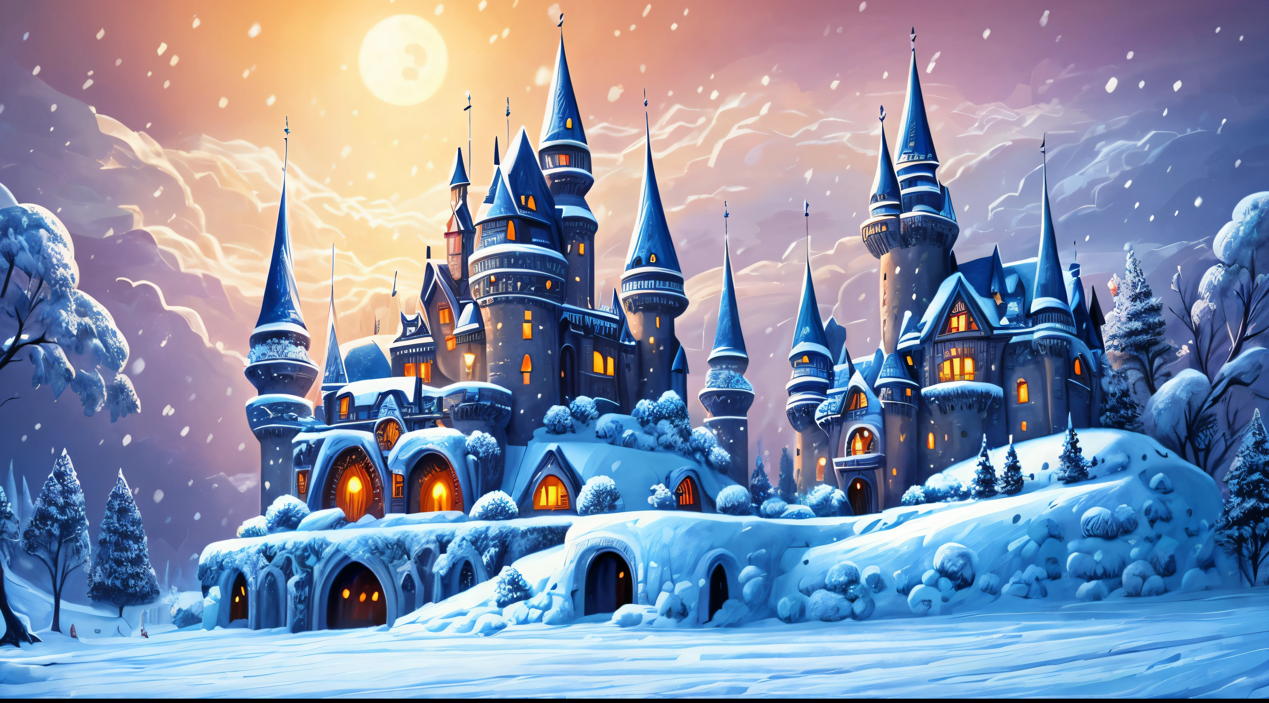 Bright, (((Cartoon style))), fantastic big scary castle in winter in the center of the image , (Winter day), illustration for children, Fantasy art, Masterpiece, Dark forest in the background, winter, Falling snow, Detailed, Intricate, 4k, Art