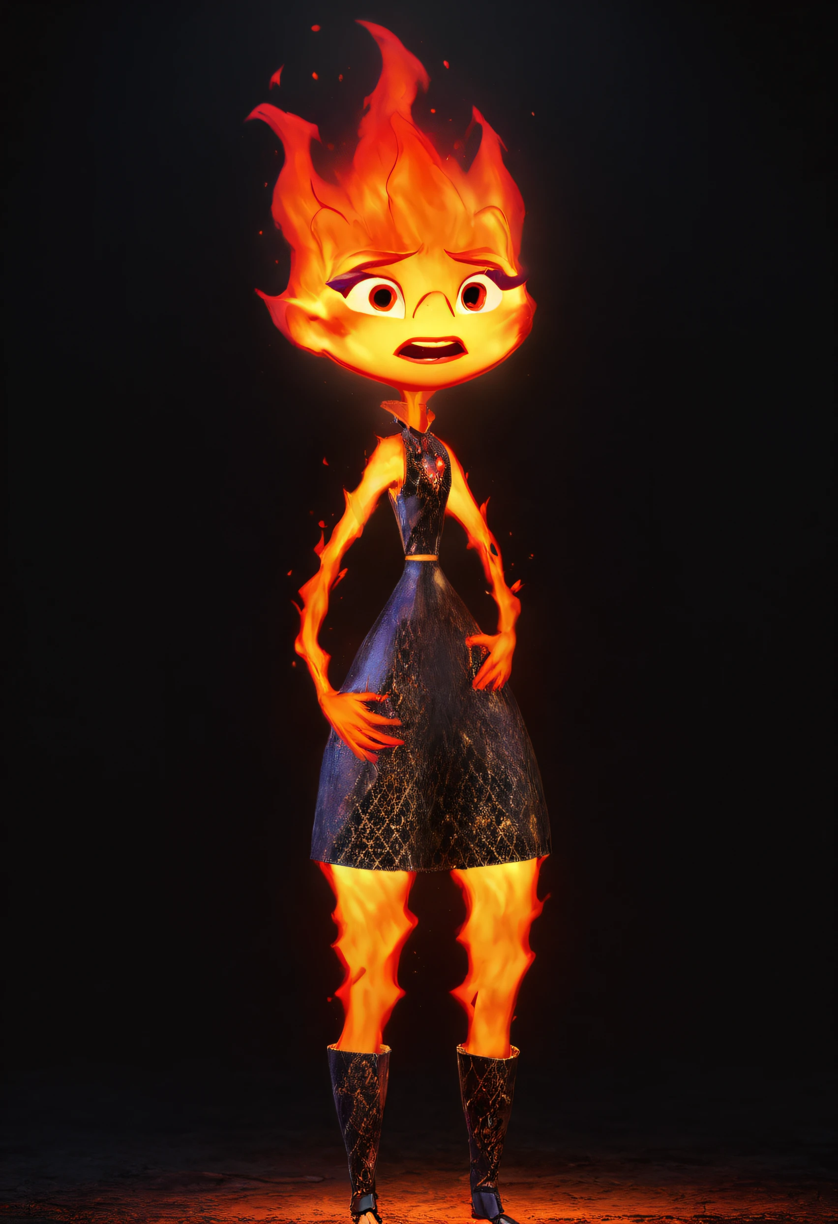 concept art ember standing, full body render, short body, digital artwork by ian mcque, vivid fire texture, opened mouth, (scared face), ((sad face)), illustrative, glossy painting, highly detailed, black background