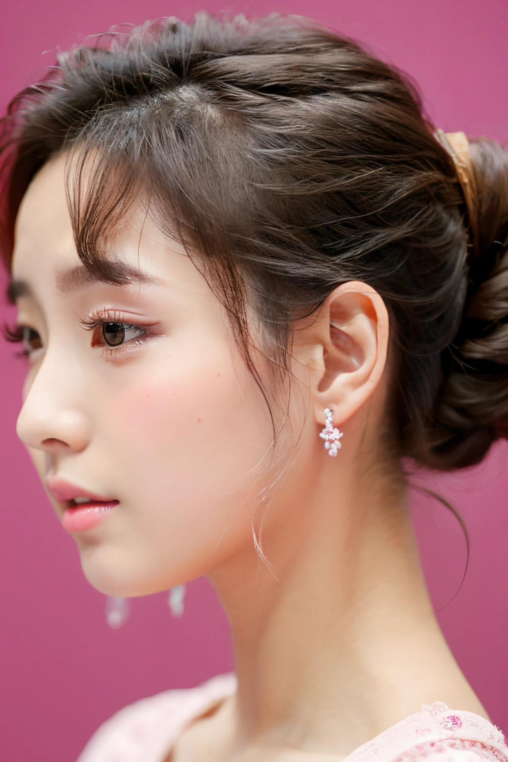 Masterpiece, Best Quality, 1girls, profile, ponytail, updo hair, nape of neck, pink lips, slightly upturned nose, long eyelashes, realistic skin texture, attractive face, blurred, white background