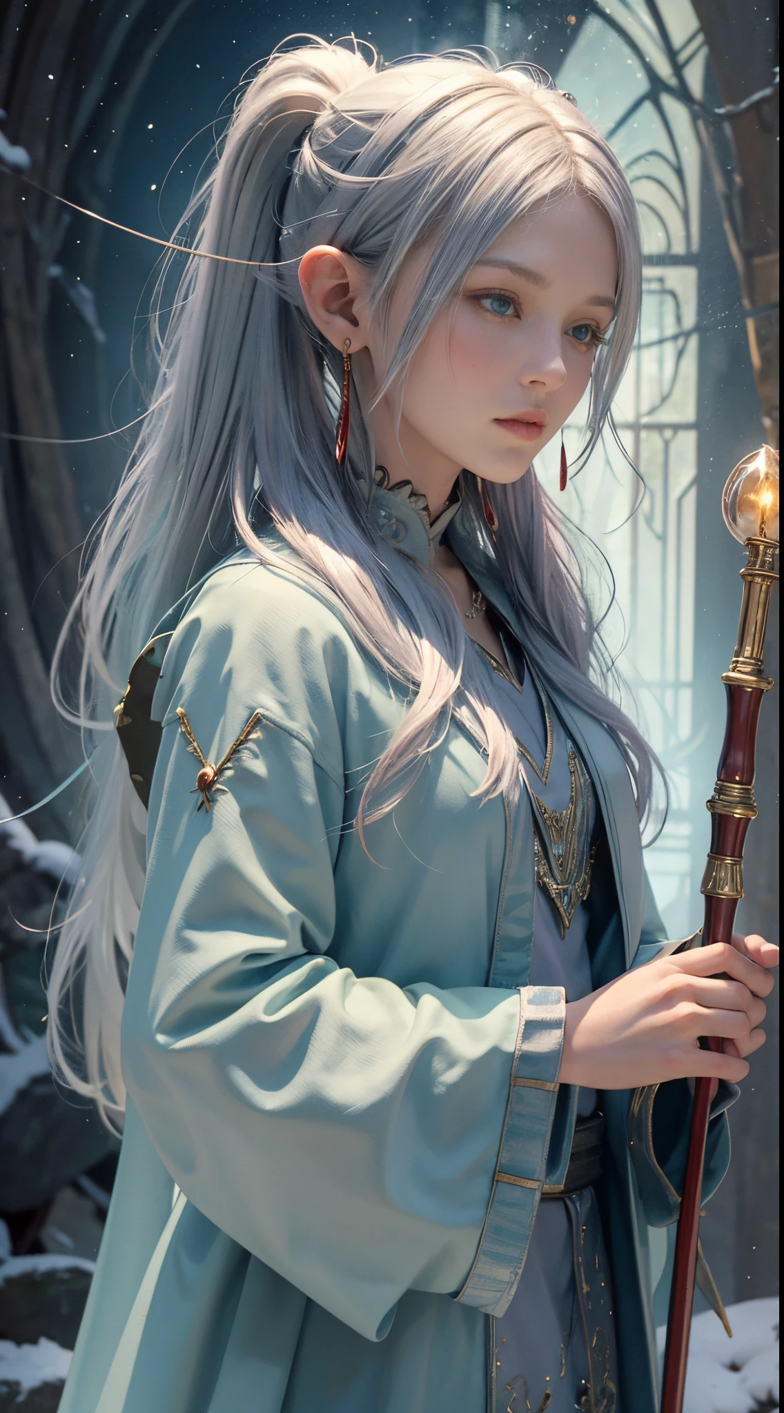 FrierenWinter, 8k, best quality, highres, realistic, real person, A wizard character with silver ponytail hair, earrings, and a shorter stature. The wizard is holding a luxurious, ornately decorated staff but is not wearing a hat. Their outfit is a blend of traditional wizard robes and contemporary magical attire, rich in detail and color. The character's expression is wise and confident, reflecting their mastery in magic. The background is a mystical setting, with elements of magic and fantasy.