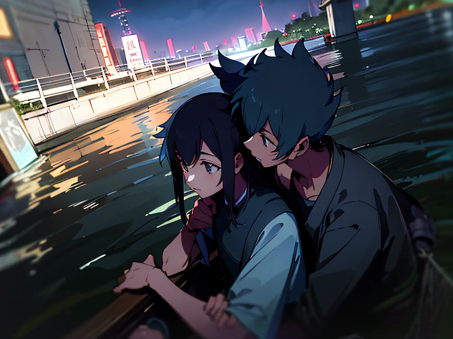 A couple sitting side by side on the water bank, ruan jia and fenghua zhong, Dam, river in the background, ruan jia and brom, Night photos, KDA and Sanyang, non blurry, beside a river, Shot with Sony alpha 9, orthofacial, rainbowing