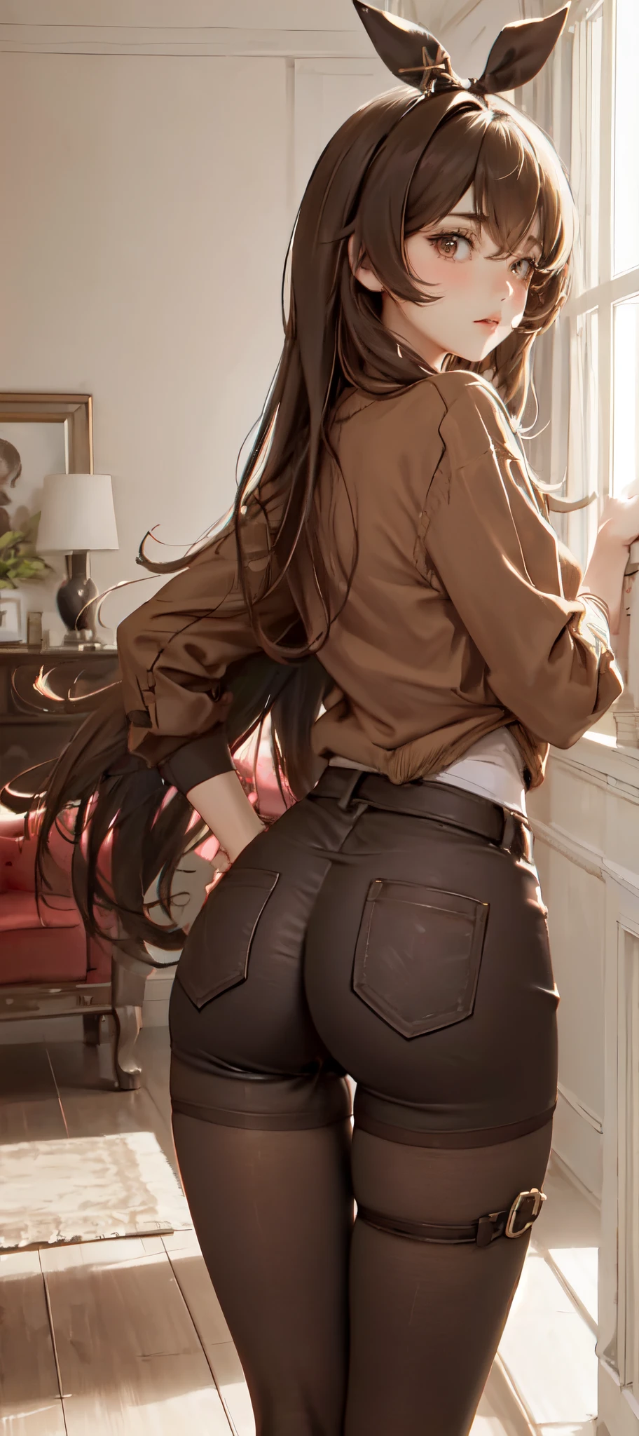 1lady standing, /(oversized sweater/) v-neck, mature female, /(brown hair/) bangs, blush, (masterpiece best quality:1.2) delicate illustration ultra-detailed, pantyhose BREAK /(modern house living room/) indoors, (((looking back))), (((sexy))), (((petite))), (((thigh gap)))