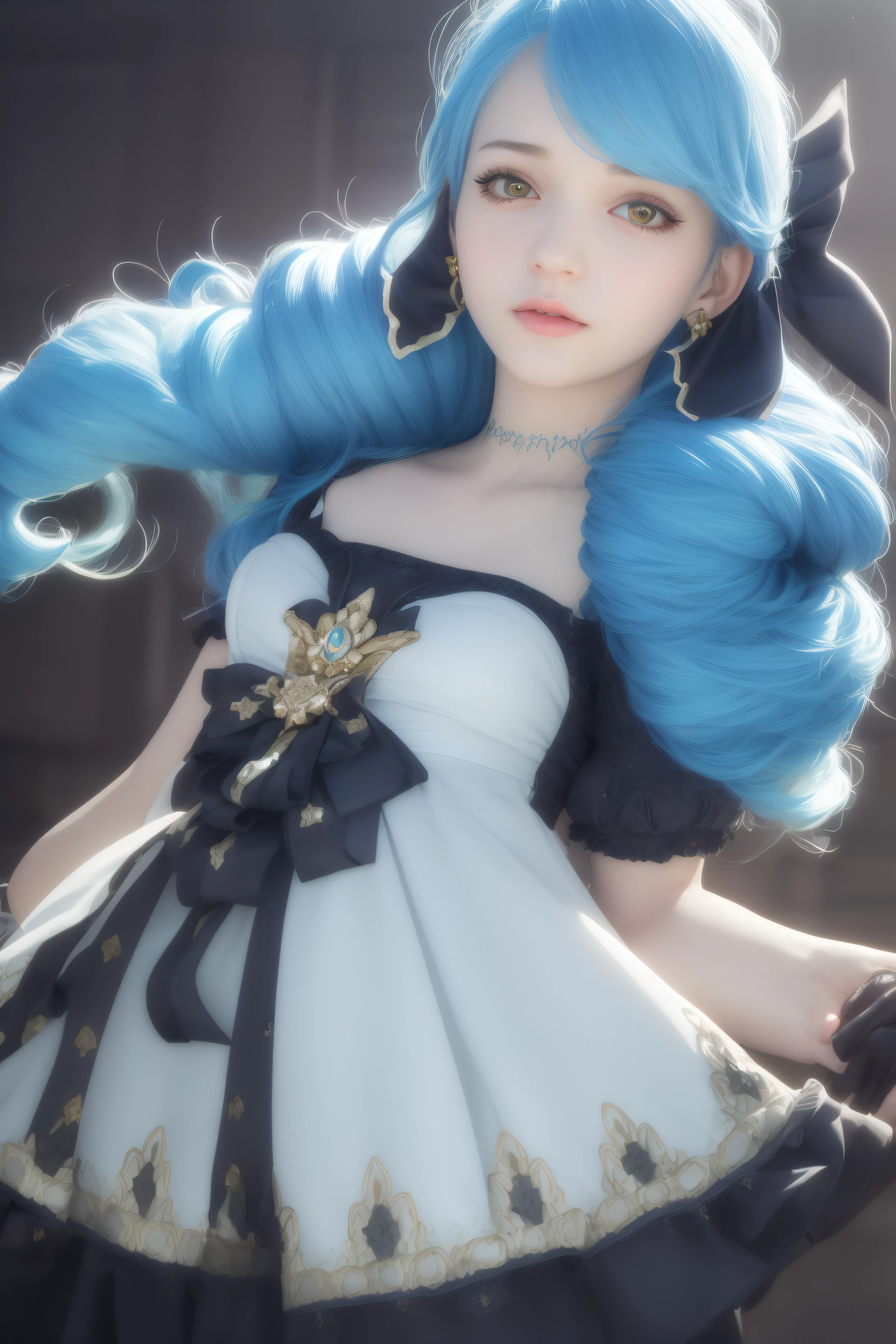 Best quality at best, tmasterpiece, (actual:1.2), 1 girl, gwyn, a skirt, Blue hair, hair drill, vivd colour, Saturated, ribbons, black ribbon, 详细的脸, pretty  face,  Background with, blue glowing