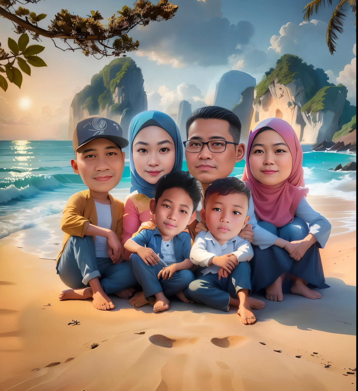 there are a group of people sitting on a beach together, an indonesian family portrait, happy family, barong family, family portrait, photorealistic!!!!!!! art style, potrait, realism artstyle, in cartoon style, photoshopped, by Abidin Dino, foto realistic, cartoon art, family, surreal realistic, hyperrealistic picture, high quality portrait, vacation photo