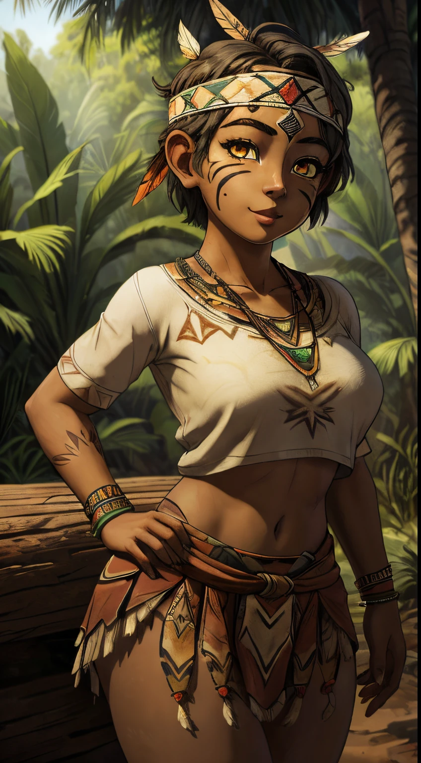 ((ultra quality)), ((tmasterpiece)), young girl shaman, ((white-gray very short hair)), (Tribal feather decorations on the head), (Beautiful cute face), (beautiful female lips), Charming, ((aroused expression)), looks at the camera with a gentle smile, eyes are slightly closed, (Tribal white face paint with triangles on the cheeks), (skin color dark), Body glare, потное, ((detailed beautiful female eyes)), ((large dark yellow eyes)), (juicy female lips), (beautiful female hands), ((perfect female figure)), perfect female body, Beautiful waist, gorgeous big thighs, beautiful breasts, ((Subtle and beautiful)), stands on a totem in the form of a yellow owl, (wearing a white aboriginal skirt, white aboriginal top, Aboriginal jewelry on the neck on the legs on the arms) background: Jungle, aboriginal village, ((Depth of field)), ((high quality clear image)), (crisp details), ((higly detailed)), Realistic, Professional Photo Session, ((Clear Focus)), the anime