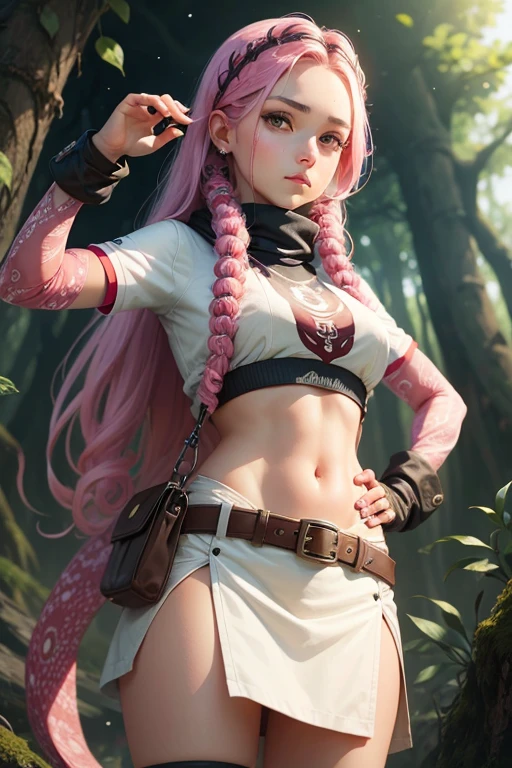 Perfect human body modeling, 1girl, small breasts, beautiful girl, cute girl and idol face, young face, smile, Beautiful long pink hair, twintails, Beautiful shining red eyes, white skin, Short body, Western-style fantasy, RPG, martial artist, dark green Chinese Combat Uniform,
